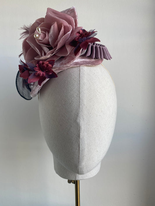Pale pink and burgundy, floral and feather headpiece