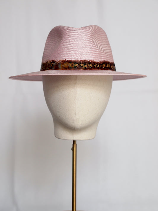 Pale pink straw fedora with two toned feather headband